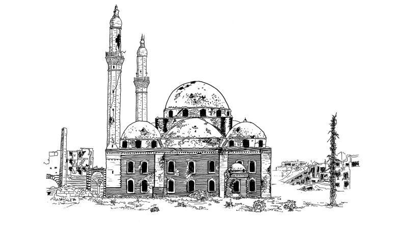 Khalid Ibn-Walid Mosque in Homs, its main facade and minaret damaged