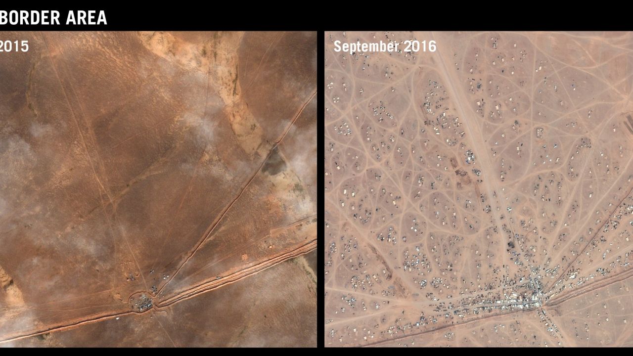 Aerial images illustrate the growth of the camp on Syria-Jordan border since December.