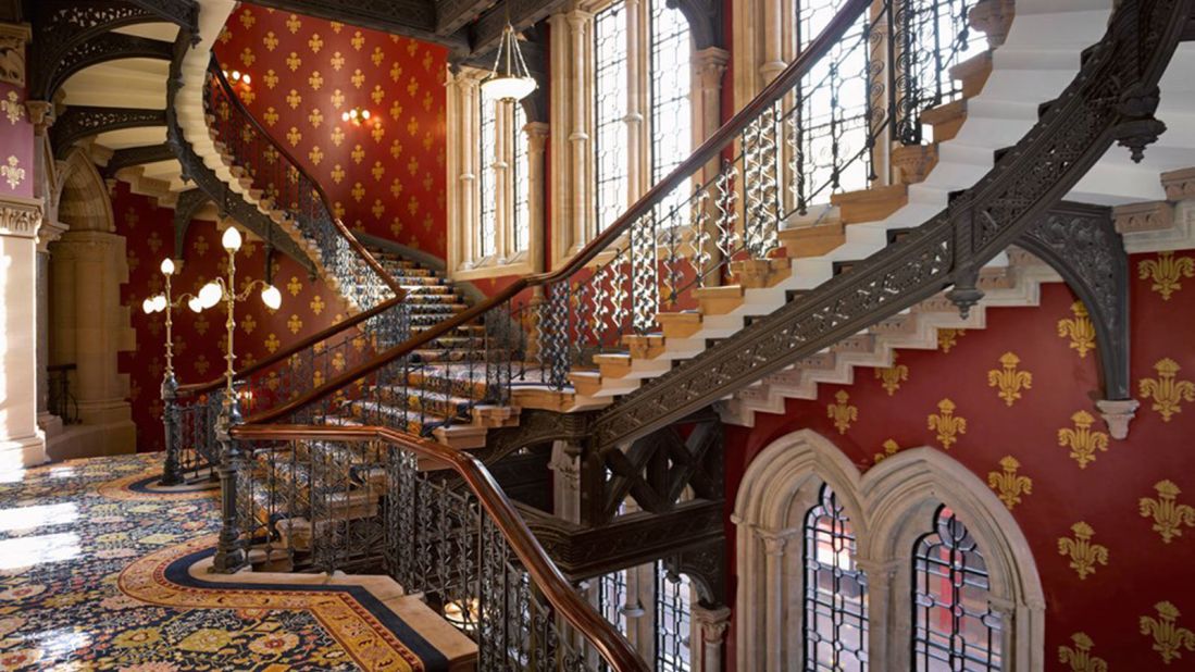 The St. Pancras Hotel in London features an extravagant gothic revival double stairway which curls up three storeys. 