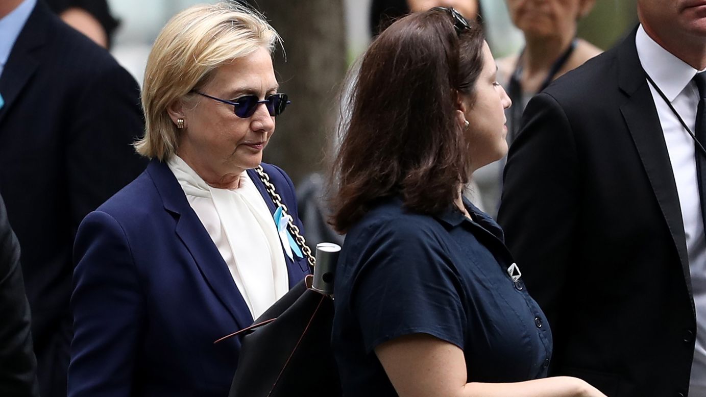 Democratic presidential nominee Hillary Clinton arrives at a 9/11 commemoration ceremony in New York on Sunday, September 11. Clinton, who was <a href="http://www.cnn.com/2016/09/11/politics/hillary-clinton-health/" target="_blank">diagnosed with pneumonia</a> two days prior, left early after feeling ill.