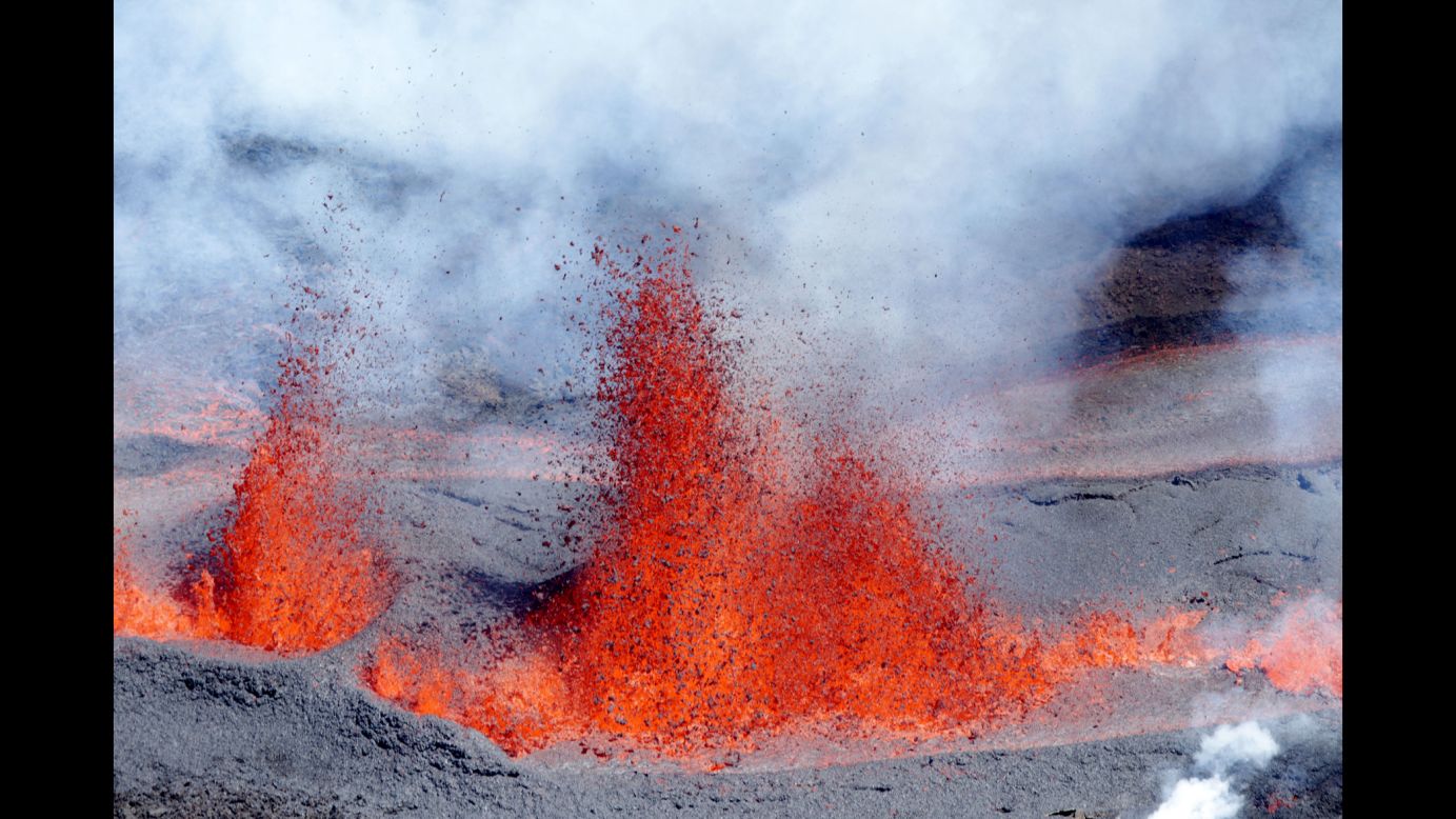 Lava sprays from the "Peak of the Furnace" volcano on Reunion island, a French region, on Sunday, September 11.