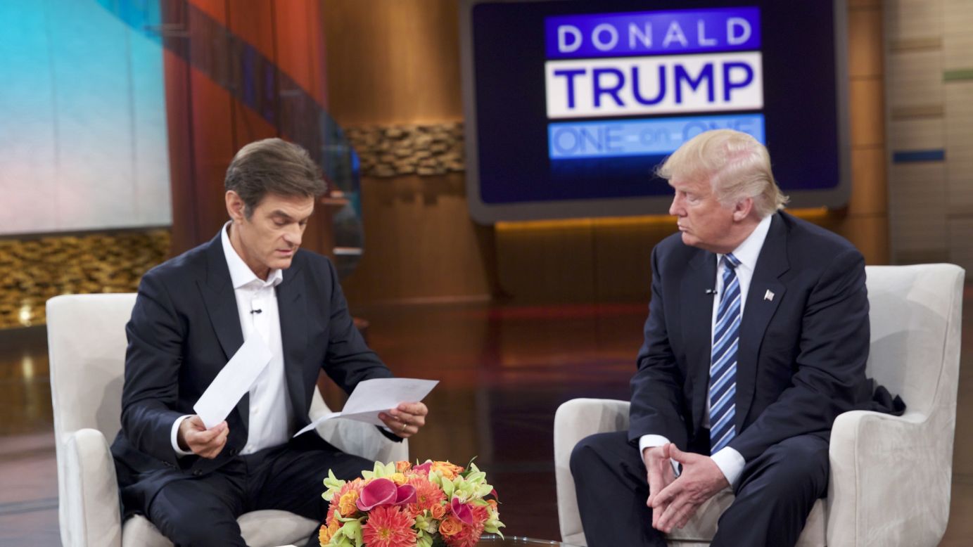 Mehmet Oz looks at what Republican presidential nominee Donald Trump said were <a href="http://www.cnn.com/2016/09/14/politics/donald-trump-dr-oz-weight/" target="_blank">the results of a physical check-up</a> Trump underwent last week. The two talked during a taping of "The Dr. Oz Show" in New York on Wednesday, September 14.