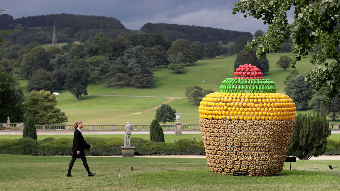 "Fruit Cake" by artist Joana Vasconcelos is displayed at the Sotheby's "Beyond Limits" monumental outdoor sculpture exhibition in Derbyshire, England, on Friday, September 9.