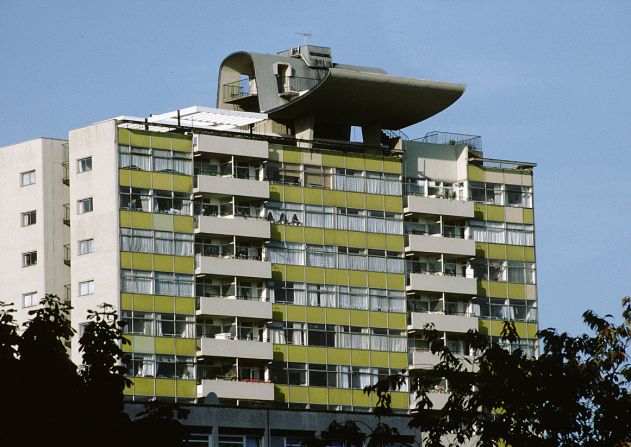 Completed in 1972, the concrete council estate contains the aerial walkways popular at the time.