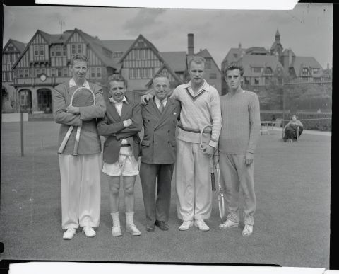 The 1937 US Davis Cup team in front of the iconic West Side clubhouse. From left to right: Don Budge, Bryan Grant, Walter L. Pate, Gene Mako, and Frank Parker.