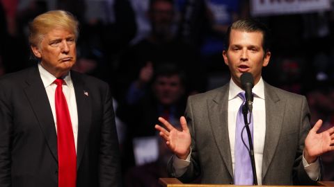INDIANAPOLIS, IN - APRIL 27: Donald Trump Jr. (R) talks about why his dad Republican presidential candidate Donald Trump (L) as he addressing the crowd during a campaign rally at the Indiana Farmers Coliseum on April 27, 2016 in Indianapolis, Indiana. Trump is preparing for the Indiana Primary on May 3rd. (Photo by John Sommers II/Getty Images)