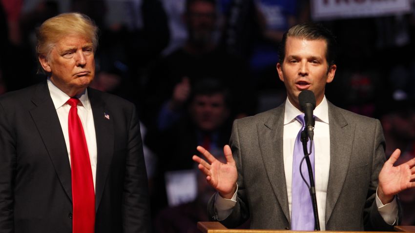 INDIANAPOLIS, IN - APRIL 27: Donald Trump Jr. (R) talks about why his dad Republican presidential candidate Donald Trump (L) as he addressing the crowd during a campaign rally at the Indiana Farmers Coliseum on April 27, 2016 in Indianapolis, Indiana. Trump is preparing for the Indiana Primary on May 3rd.   (Photo by John Sommers II/Getty Images)
