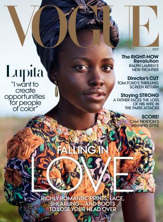 Lupita Nyong'o graces the cover of Vogue's October issue in a Chanel dress and Cathy Waterman earrings. The Oscar wining actress celebrated new movie "Queen of Katwe" by inviting Vogue to her hometown in Kenya. 