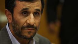 Iranian President Mahmoud Ahmadinejad attends a meeting with UN Secretary-General Ban Ki-Moon at the UN on September 25, 2009 in New York, New York. 