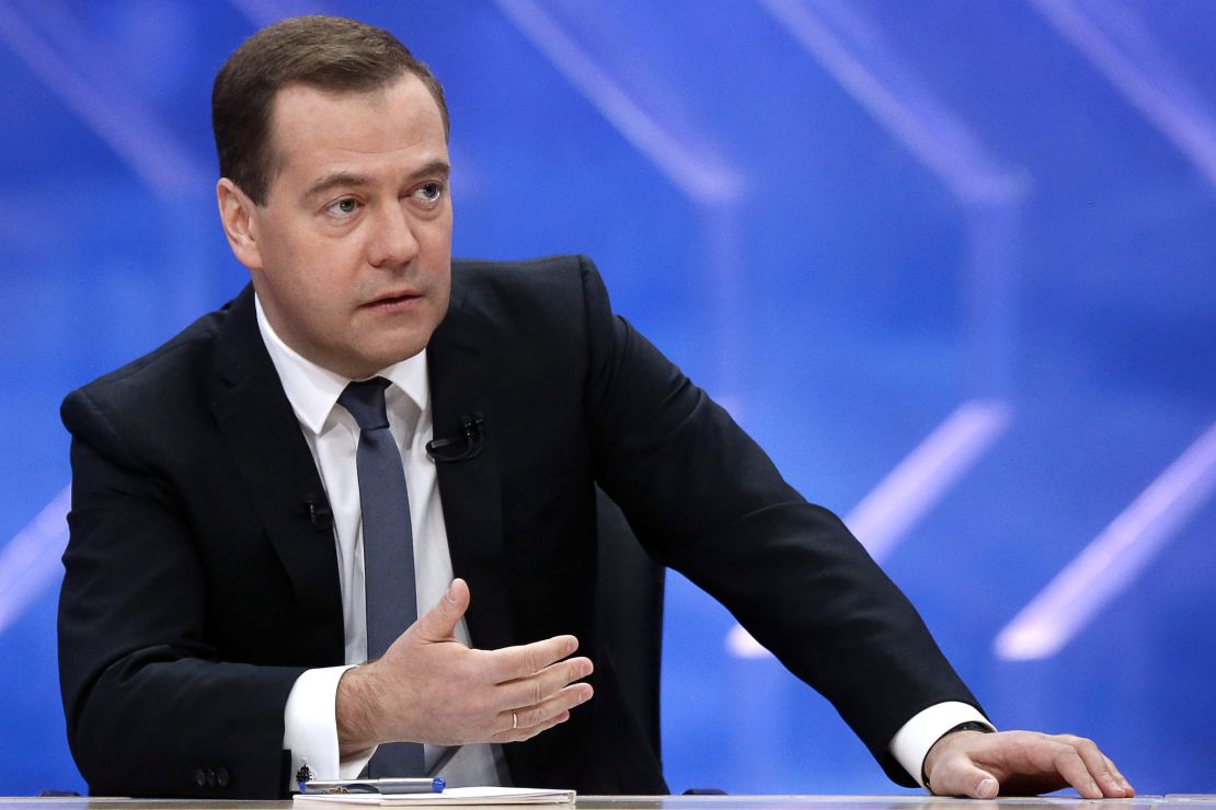 Russian Prime Minister Dmitry Medvedev during a TV interview on December 10, 2014. 