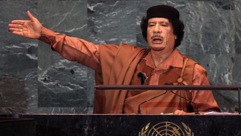 Libyan leader Col. Moammar Gadhafi delivers an address to the United Nations General Assembly at UN headquarters September 23, 2009 in New York City.