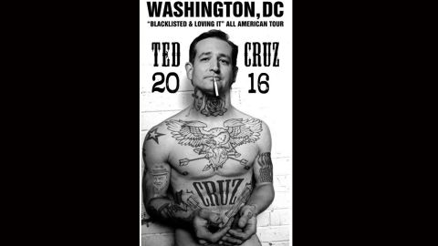 A poster portrays U.S. Sen. Ted Cruz as the ultimate bad boy, with tattoos and cigarette in his mouth. This image went viral during the 2015 presidential primaries.