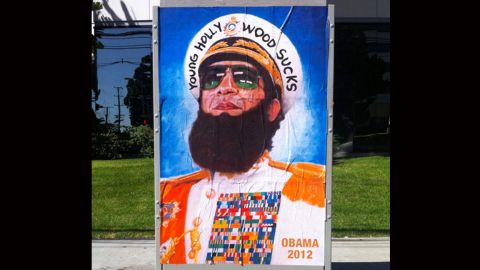 A poster depicts Obama as Gen. Aladeen, who was played by Sacha Baron Cohen in the comedy film "The Dictator."