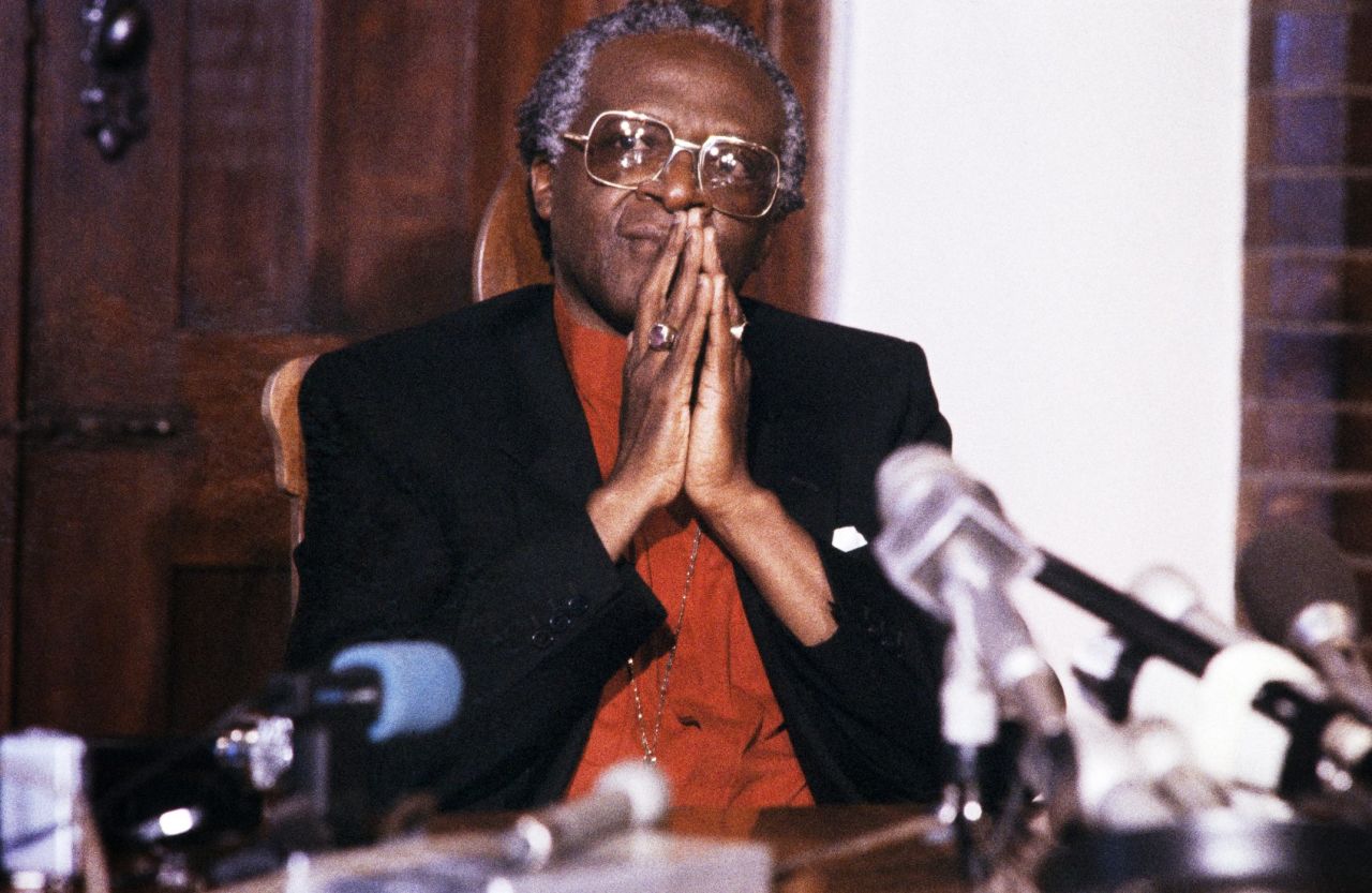 During a 1986 news conference in Johannesburg, Tutu calls for economic sanctions against South Africa to fight the apartheid system of racial segregation. 