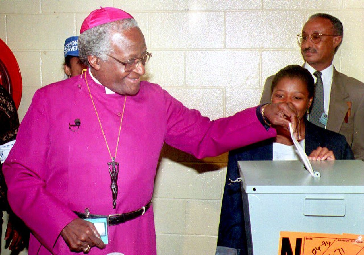 Tutu casts his vote in South Africa's first election that allowed citizens of all races to vote. "You just want to yell, dance, jump and cry all at the same time," he said.