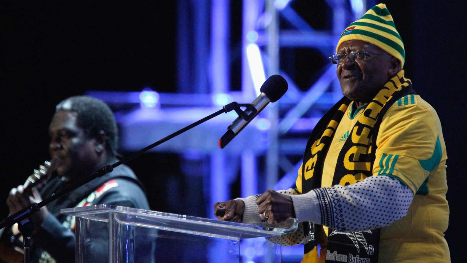 Tutu speaks on stage during a FIFA World Cup celebration concert in 2010. South Africa was hosting the soccer tournament.