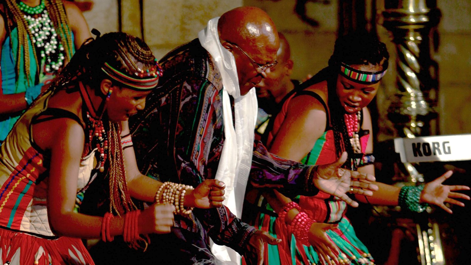 Tutu dances at the launch of his biography "Tutu: The Authorised Portrait" in 2011.