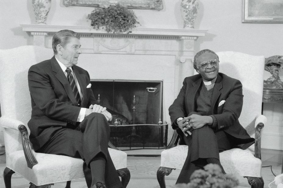 US President Ronald Reagan meets with Tutu in the White House Oval Office in December 1984. Tutu denounced the Reagan administration's policy toward the South African government as "immoral" and "un-Christian."