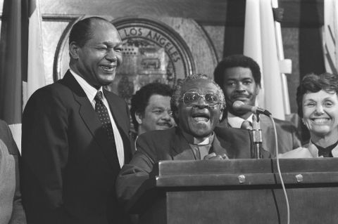 Tutu and Los Angeles Mayor Tom Bradley attend a news conference in Los Angeles in May 1985. Tutu, an outspoken opponent of South Africa's apartheid regime, was on a four-day fundraising tour in California. 