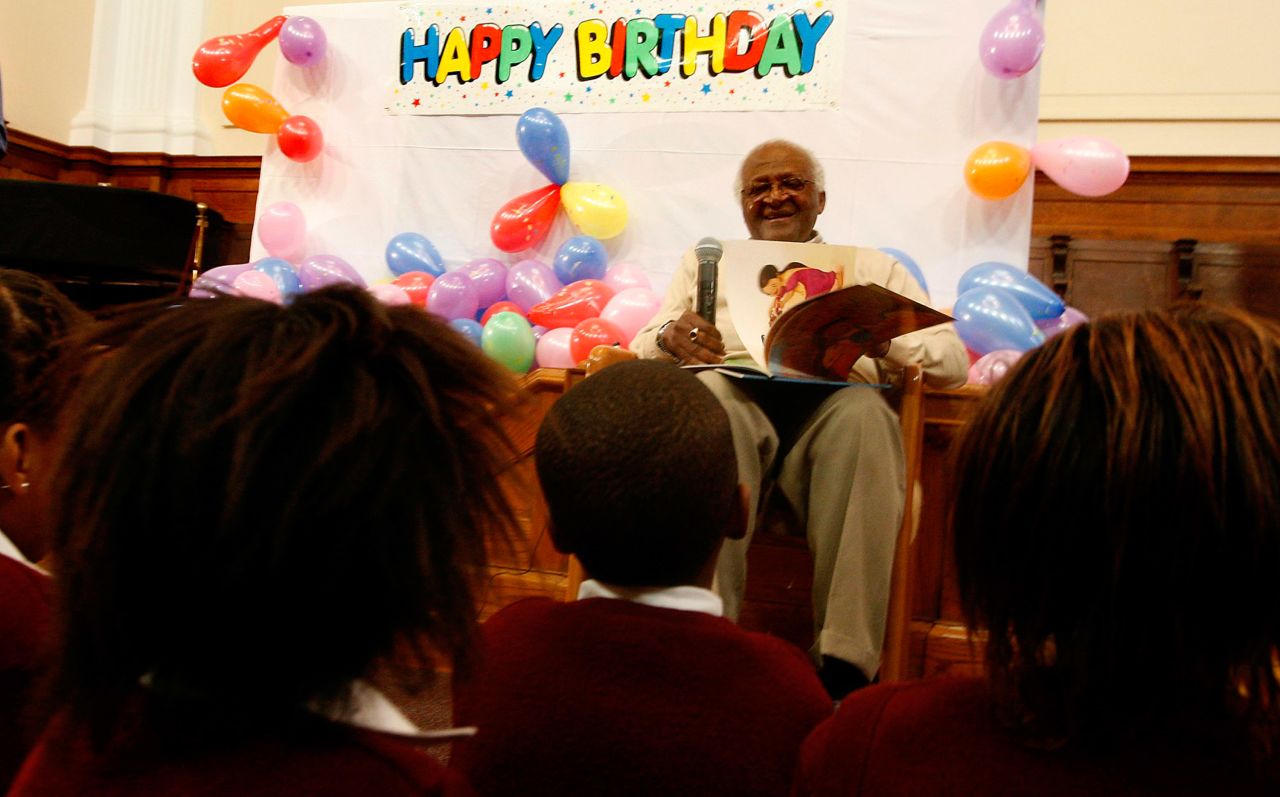 Children in Cape Town sing "Happy Birthday" to Tutu as he celebrates his 78th birthday in 2009.