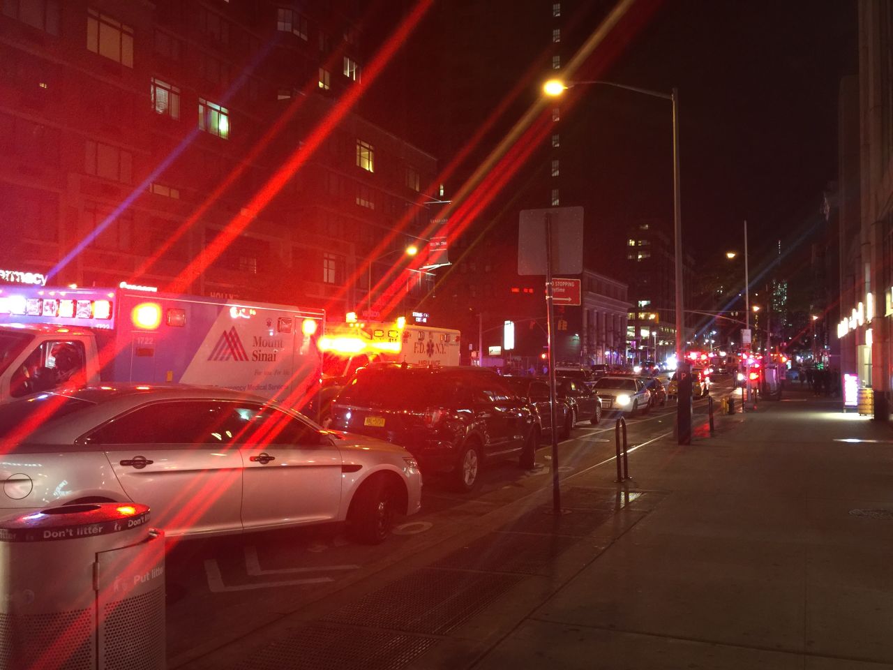A line of emergency vehicles near the scene of the explosion. 