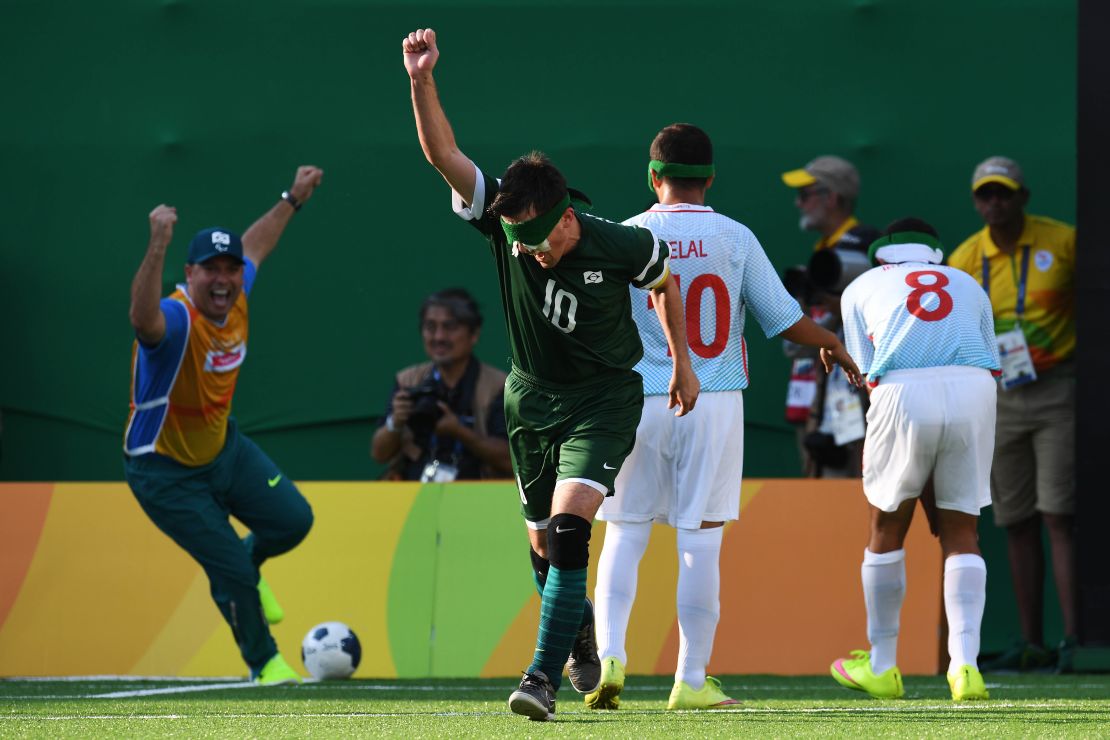 Brazil's captain Ricardinho celebrates after scoring in the men's football 5-a-side final against Iran. 
