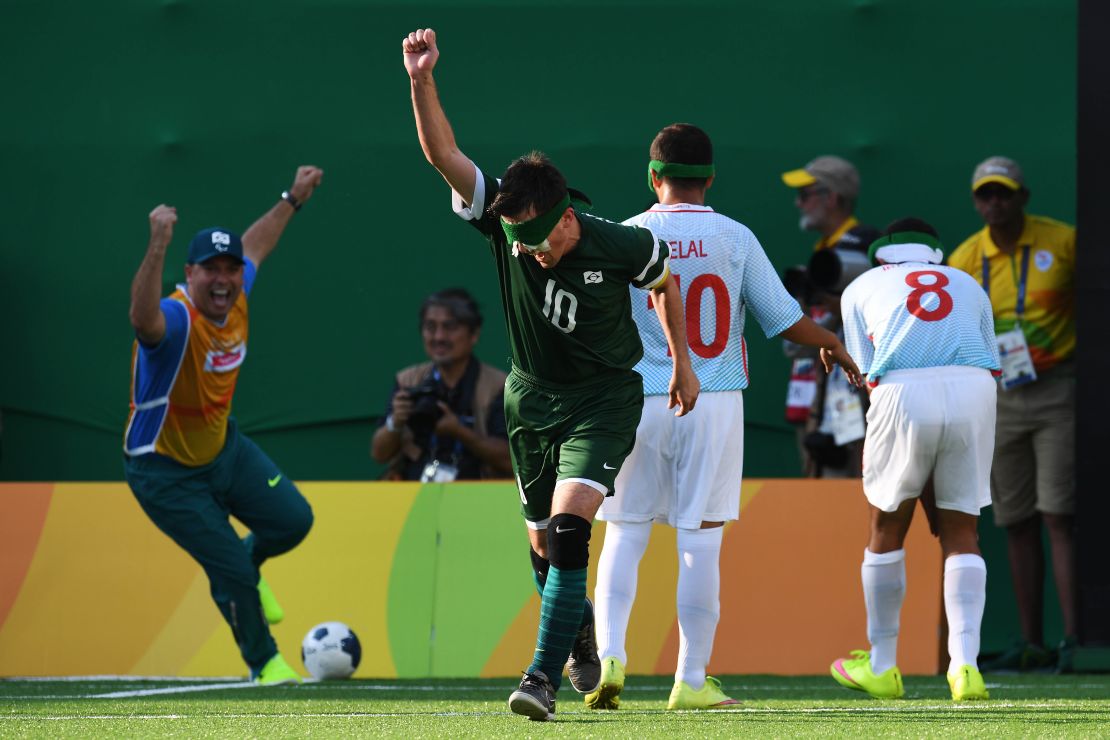 Brazil's captain Ricardinho celebrates after scoring in the men's football 5-a-side final against Iran.