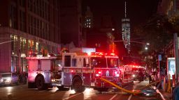 TOPSHOT - A fire truck is seen near a blocked off road near the site of an alleged bomb explosion on West 23rd Street on September 17, 2016, in New York.
An explosion in New York's upscale and bustling Chelsea neighborhood injured at least 25 people, none of them in a life-threatening condition, late Saturday, the fire department said. / AFP / Bryan R. Smith        (Photo credit should read BRYAN R. SMITH/AFP/Getty Images)