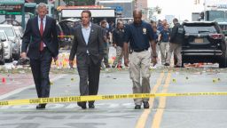New York Governor Andrew Cuomo(L) and New York City Mayor Bill de Blasio(R) arrive at the scene of an explosion on West 23rd Street September, 18, 2016 in New York. 
An  explosion rocked one of the most fashionable neighborhoods of New York on September 17 night, injuring 29 people, one seriously, a week after America's financial capital marked the 15th anniversary of the 9/11 attacks. Mayor Bill de Blasio indicated the blast was not accidental, even if there was no known link to terrorism. The blast occurred in Chelsea -- an area packed with bars, restaurants and luxury apartment blocks -- at a typically bustling time of the weekend.
 / AFP / Bryan R. Smith        (Photo credit should read BRYAN R. SMITH/AFP/Getty Images)