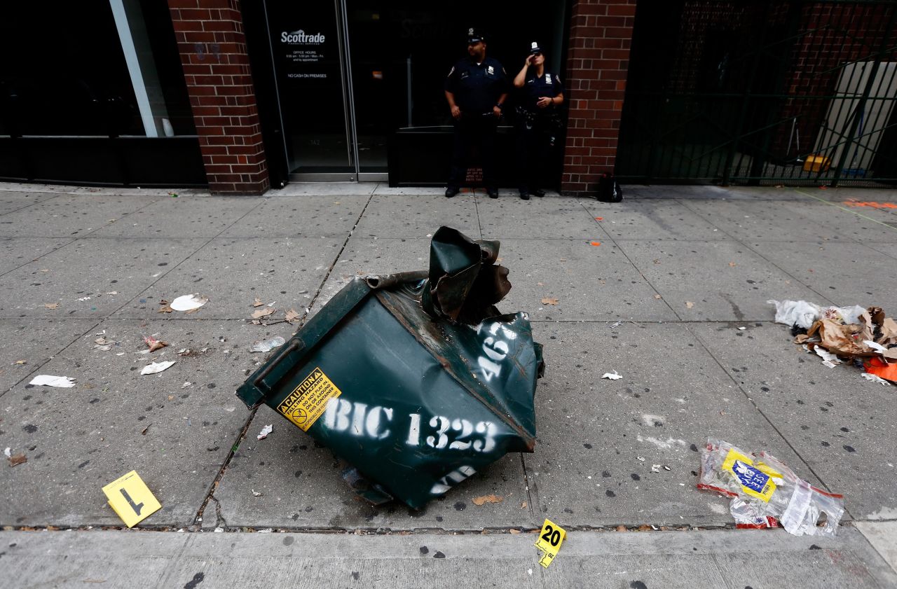 Authorities believe the blast was caused by an explosive device in or near this dumpster. All 29 victims have been released from hospitals, according to the governor.