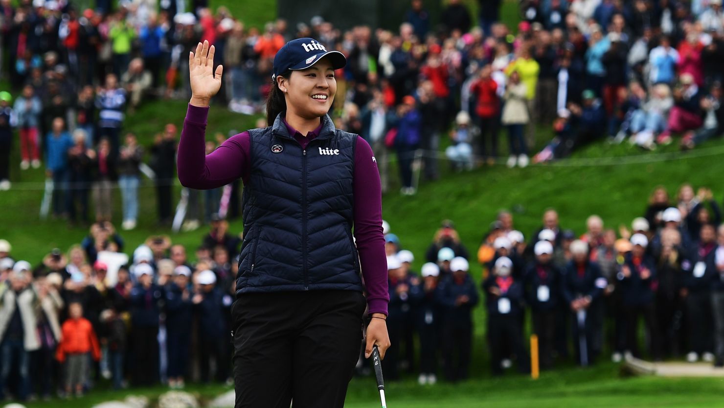 In Gee Chun celebrates after holing the winning putt at Evian-les-Bains to claim her second major title.