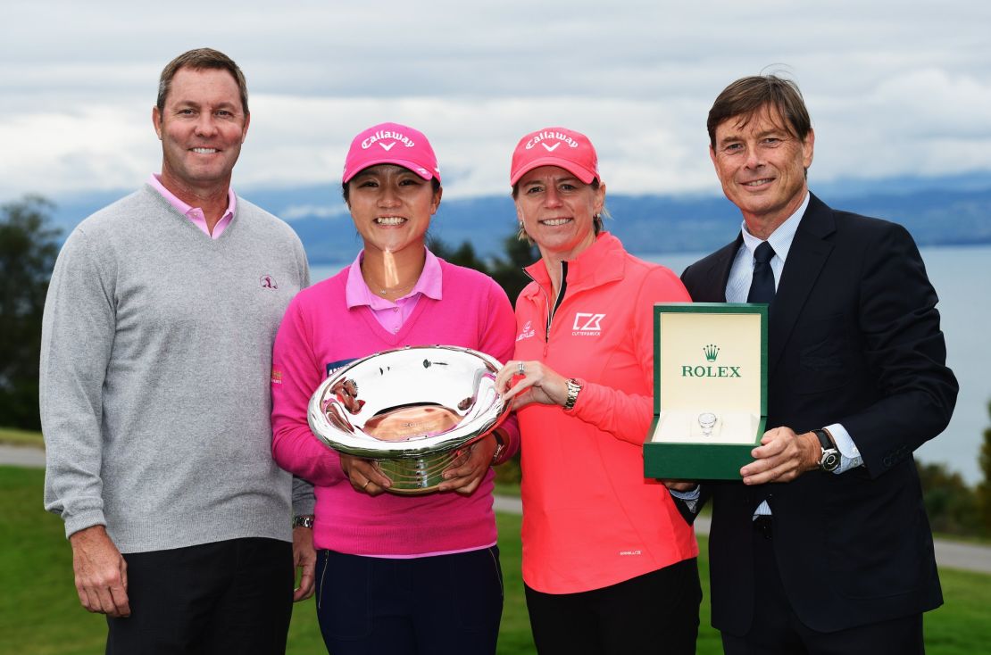 Lydia Ko (second left) receives her award from Annika Sorenstam, flanked by Michael Whan, commissioner of the LPGA and Laurent Delaney of Rolex.