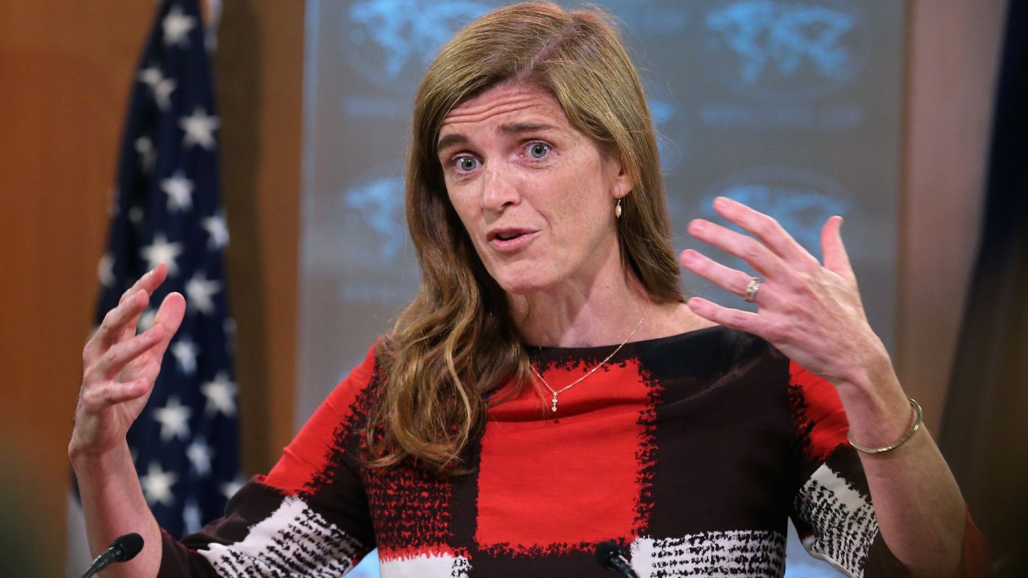 US Ambassador to the United Nations Samantha Power announces the start of the #FreeThe20 campaign from the State Department September 1, 2015 in Washington, DC. (Photo by Chip Somodevilla/Getty Images)