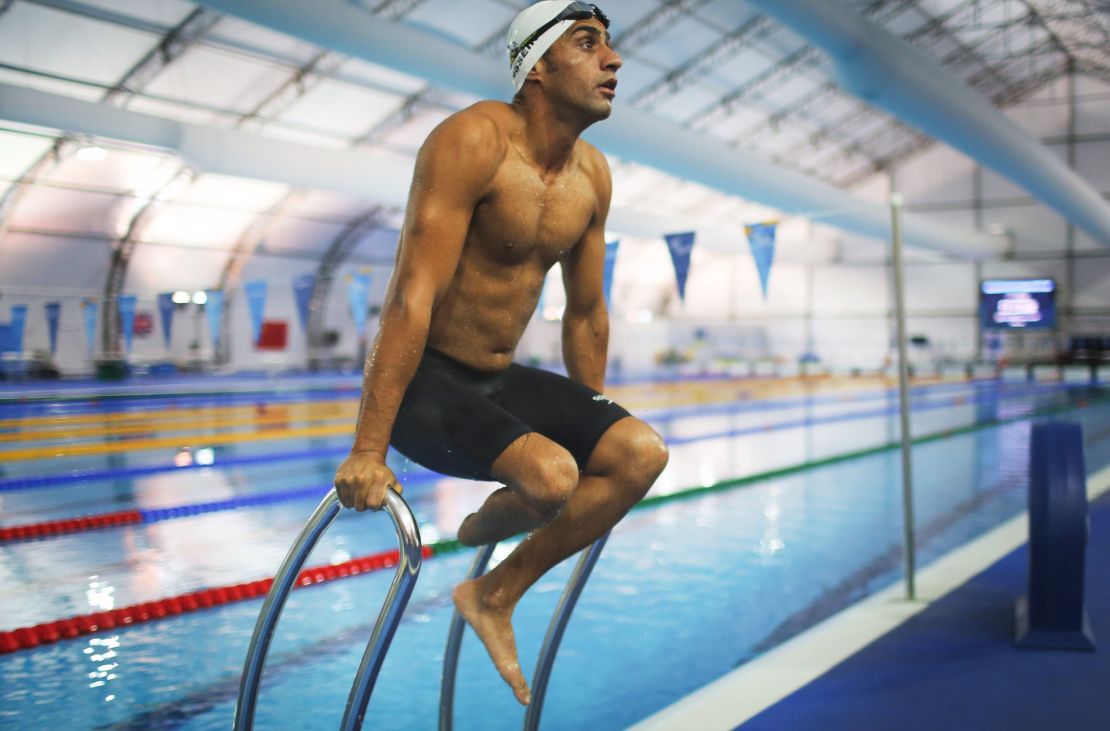 Ibrahim Al Hussein stretches during a training session at Rio 2016.