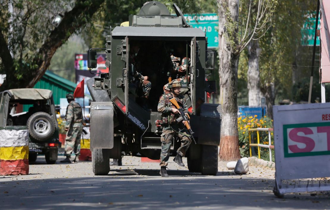 Indian army soldiers arrive at the army base which was attacked by suspected rebels in the town of Uri, west of Srinagar, Indian-controlled Kashmir, on Sunday, Sept. 18, 2016.