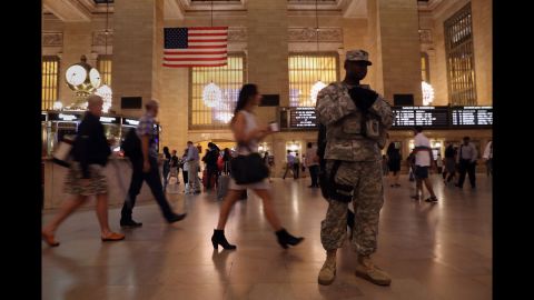 A National Guardsman stands in Grand Central Station on September 19, 2016.