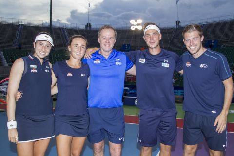 The New York Empire team is coached by Patrick McEnroe (center) and includes, from left to right: Christina McHale, Maria Irigoyen, Marcus Willis and Neal Skupski. 