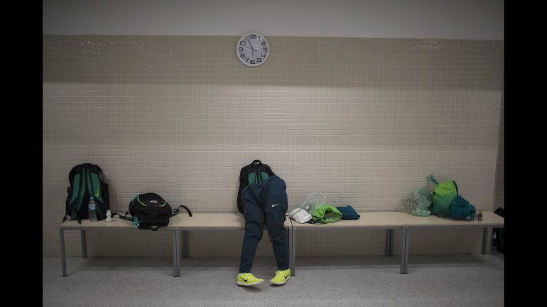 The prosthetic legs of Brazilian rugby player Julio Braz lean on a locker-room bench before a Paralympic game in Rio de Janeiro on Thursday, September 15.