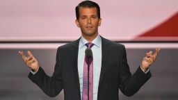 Donald Trump Jr., son of Donald Trump, greets the audience after speaking on the second day of the Republican National Convention at the Quicken Loans Arena in Cleveland on July 19, 2016.