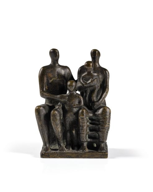 Moore originally conceived the idea for his family group series when he was asked to create an outdoor sculpture for a school in Impington, near Cambridge, in the mid-1930s. The motif of the family group preoccupied Moore and he pursued this<br />intimate yet universal subject in the post-war years, creating numerous preparatory sketches and maquettes. The subject would become Moore's first large-scale public bronze work in 1949. Here Moore creates a perfectly balanced, interlocking group of<br />abstracted figures on a smaller scale, giving his sculpture an almost votive feel.
