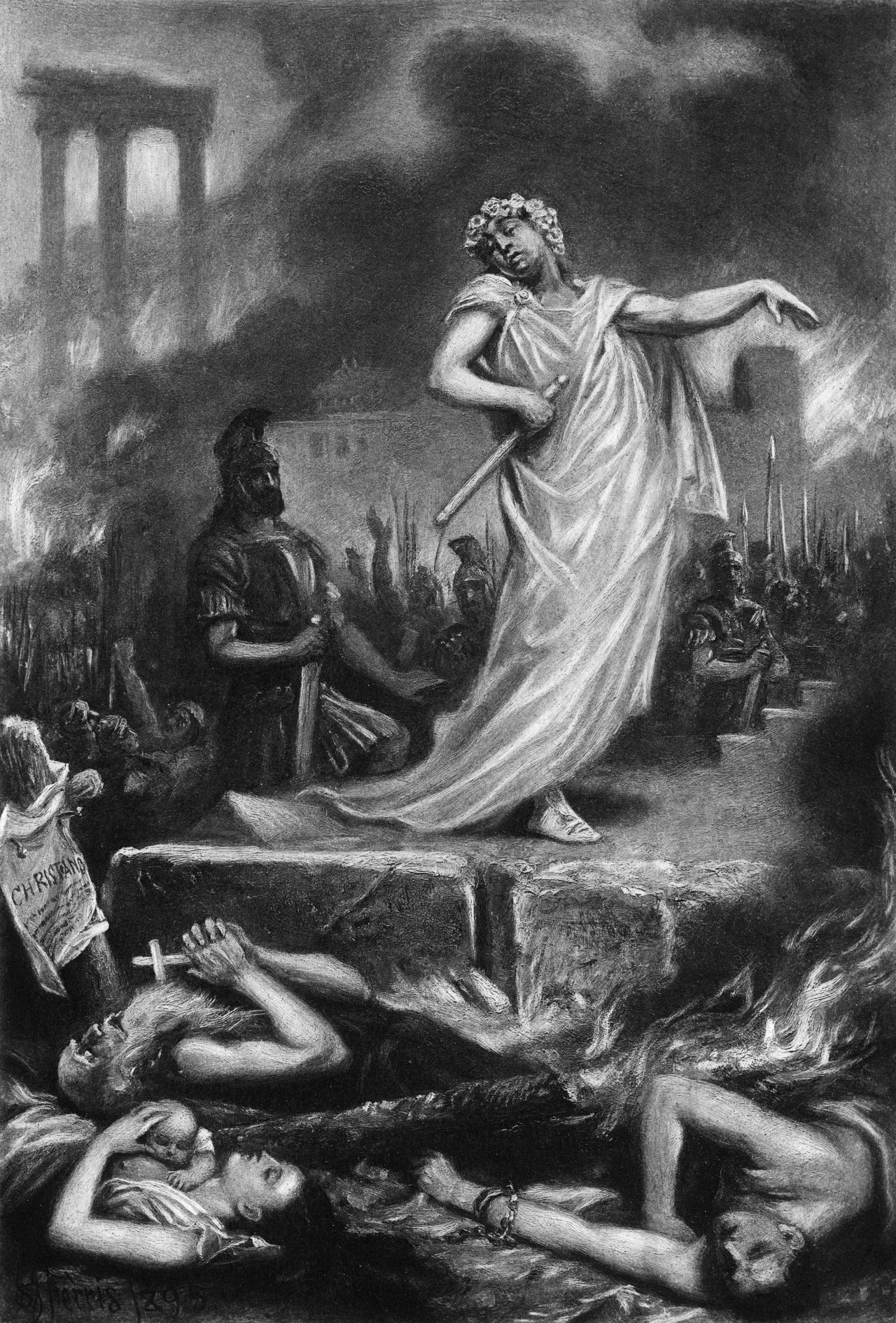 Depiction of Nero standing amid the ruins of Rome as it burns