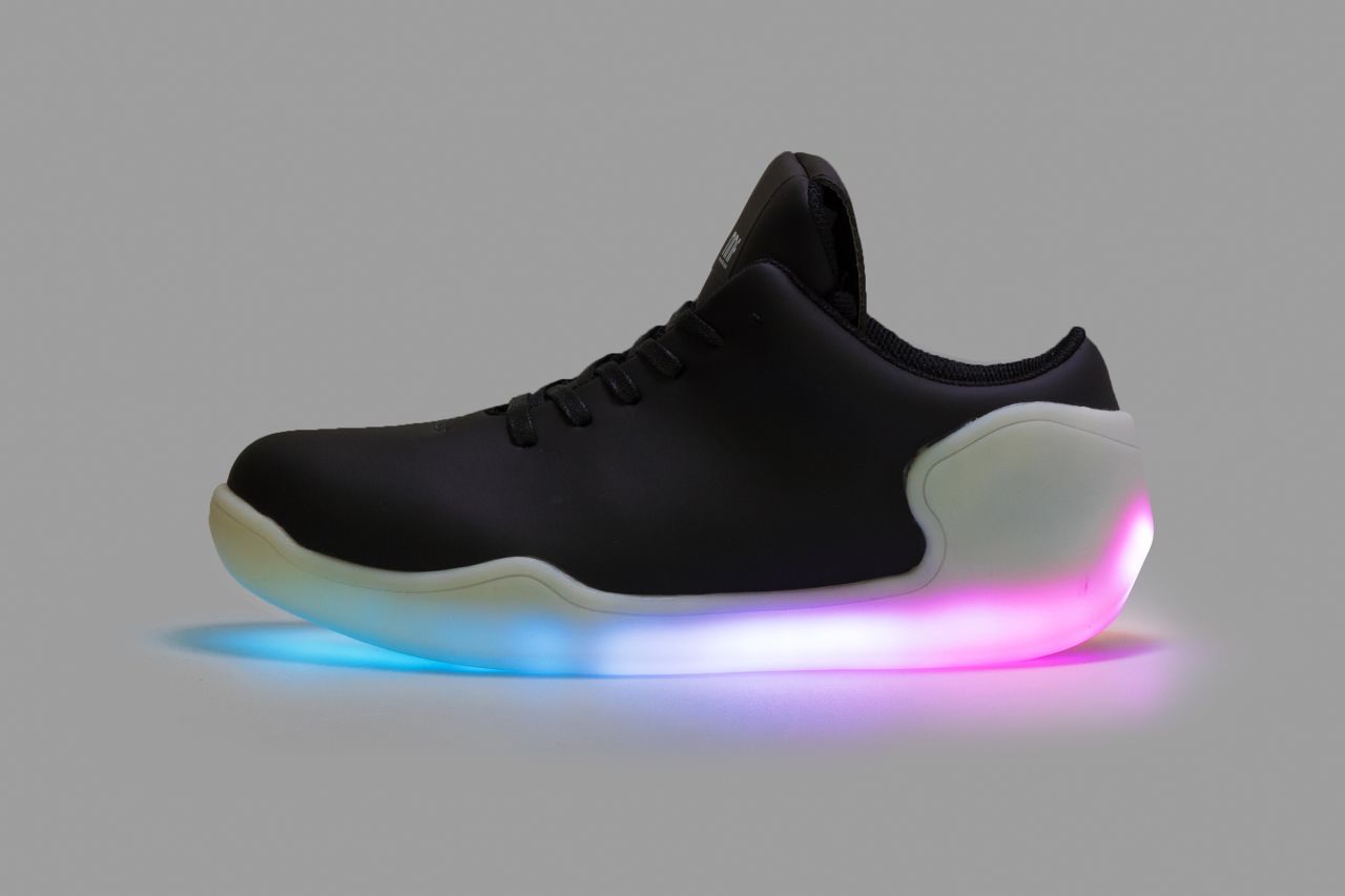 The Orphe app enables users to control the color of the LED lights. Designed by No New Folk Studio, in Japan, the shoes' motion data and light patterns can be shared with others online.