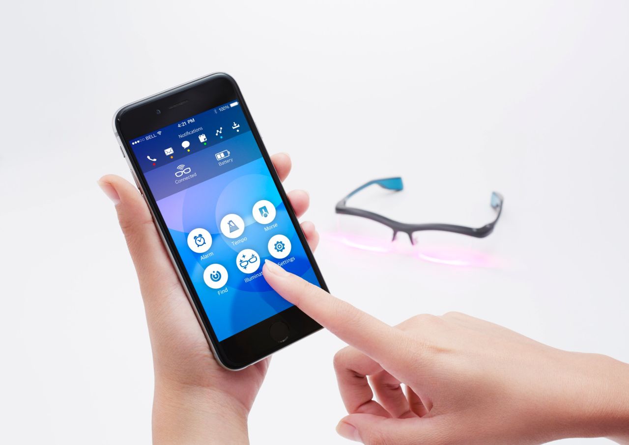 The glasses come with six LED lights, ambient light sensors to adjust intensity, Bluetooth, and an accelerometer, which measures the movement of the body.