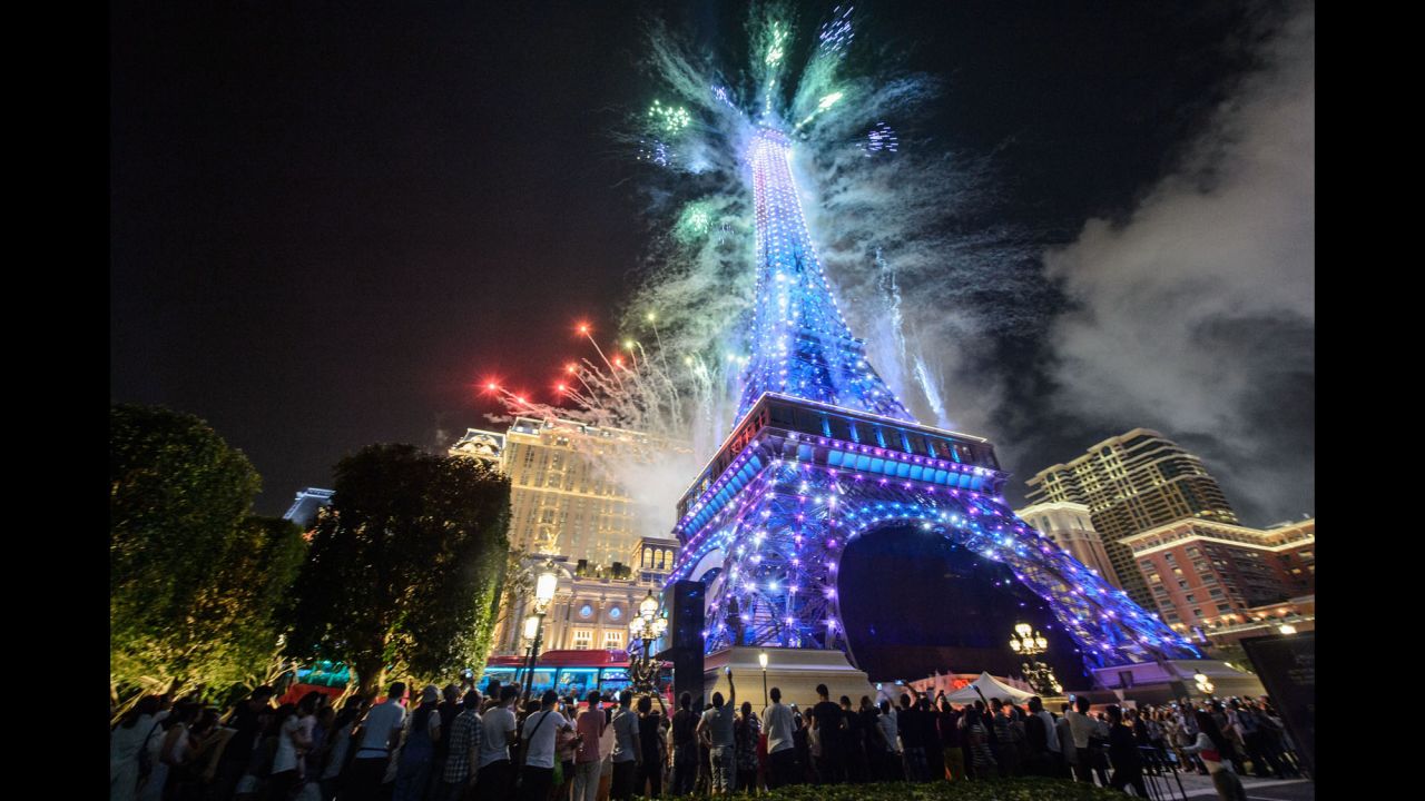 We'll always have ... Macau. This replica of the Eiffel Tower, exploding with fireworks, is part of The Parisian, a new Sands mega resort in the southern Chinese territory that's already a popular destination for gambling in Asia.