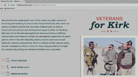 A once public, now private webpage on Mark Kirk's official campaign website touted his record on veterans' issues, Kirk was listed as a "veteran of the Iraq war."