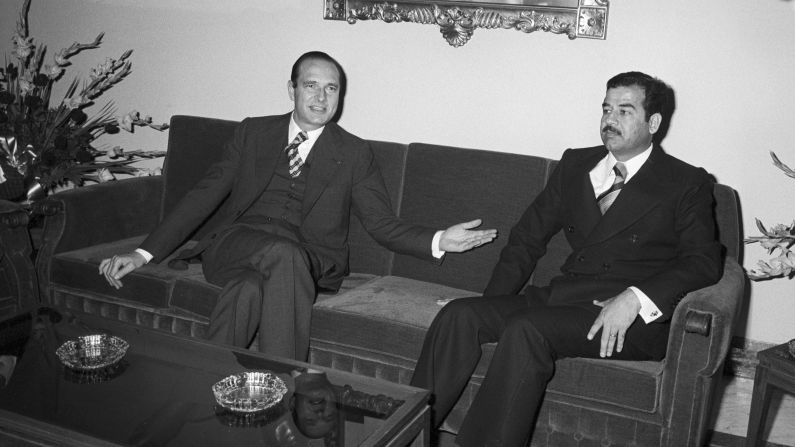 Chirac, as France's prime minister, meets with Saddam Hussein in Baghdad, Iraq, in 1974. Prior to becoming prime minister, Chirac served as agriculture minister as well as the minister of economy and finance.