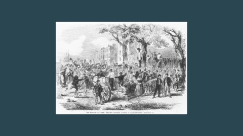 A lynching in New York is depicted in this illustration from around 1863. 