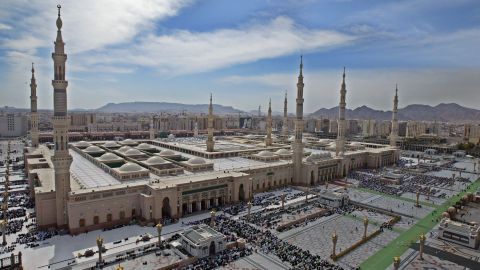Muslim pilgrims pray on January 19, 2006 in the holy city of Medina, Saudi Arabia. 