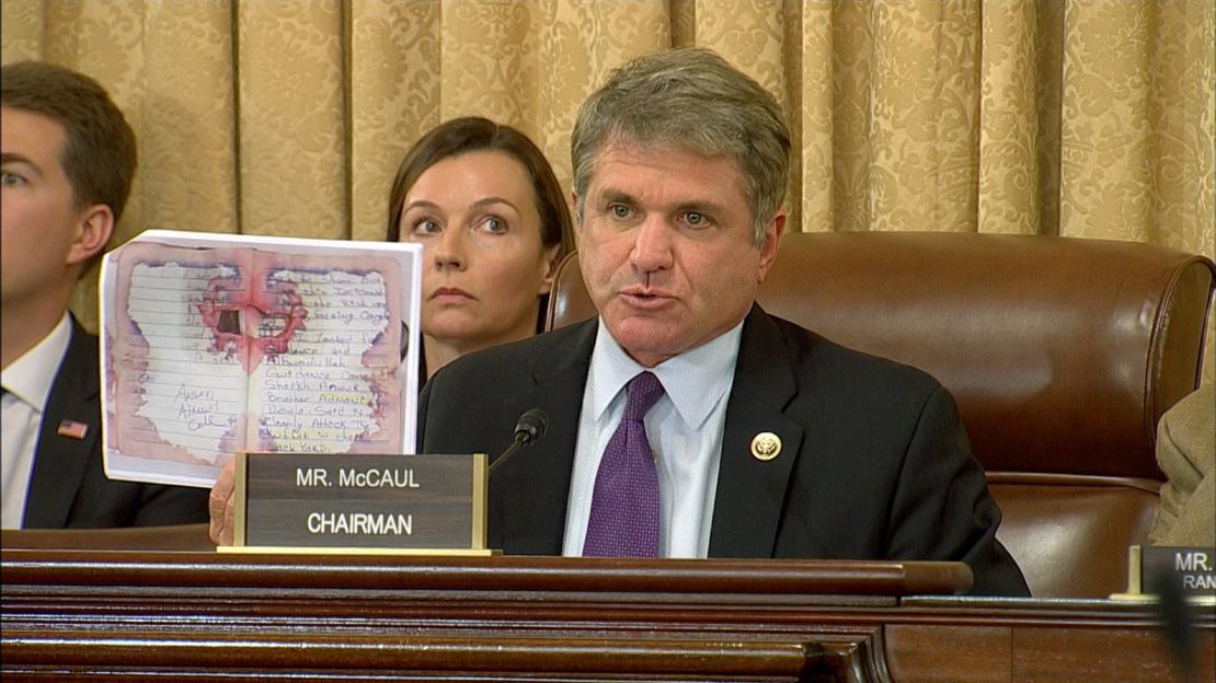 Texas Rep. Michael McCaul holds up a picture of Ahmad Rahami's journal during a House Homeland Security hearing on Wednesday, September 21.