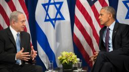 Prime Minister of Israel Benjamin Netanyahu speaks to U.S. President Barack Obama during a bilateral meeting at the Lotte New York Palace Hotel, September 21, 2016 in New York City.